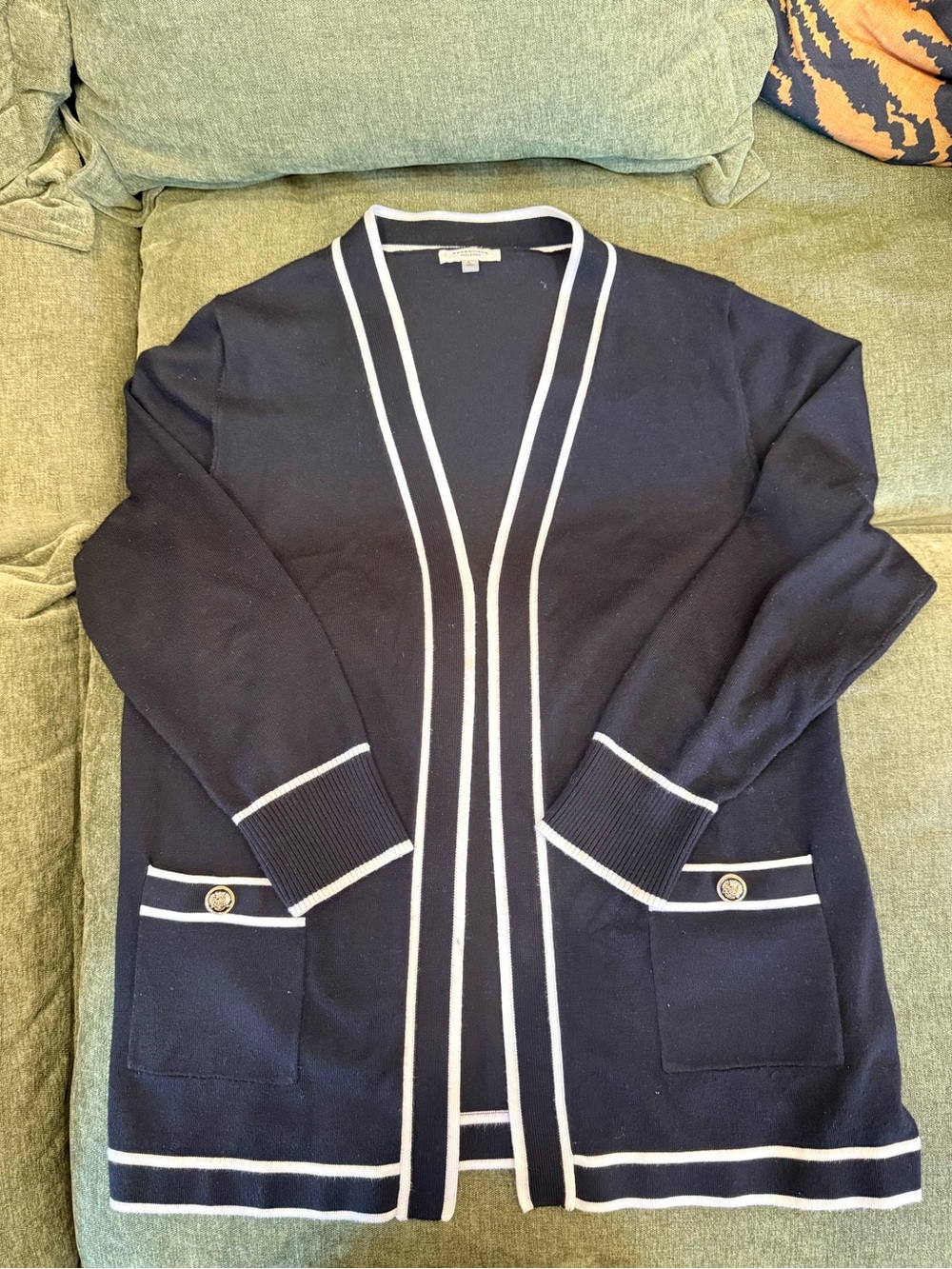 Black Open-Front Cardigan with White Trim